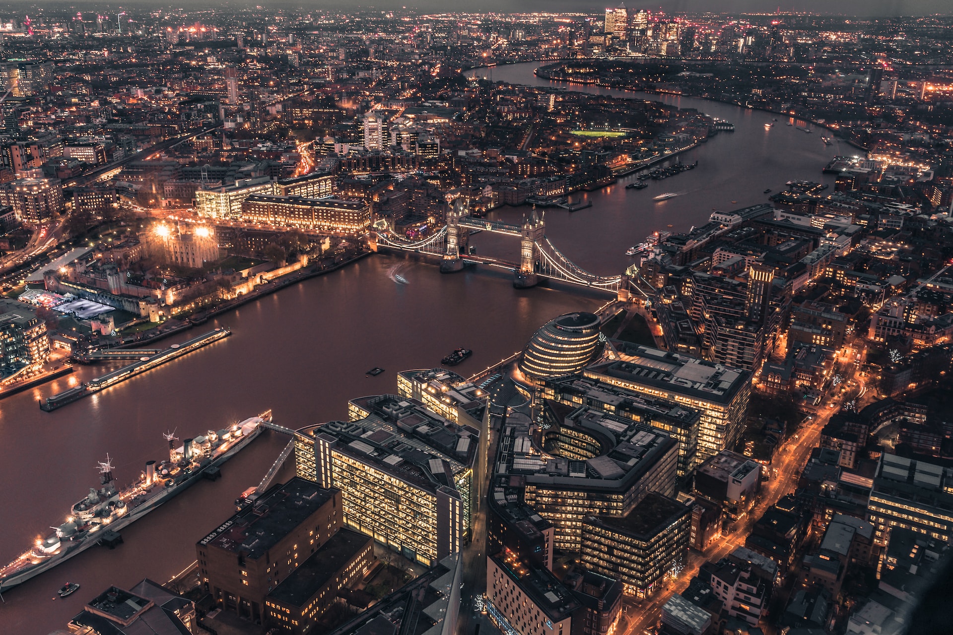 aerial view of London city during dawn
